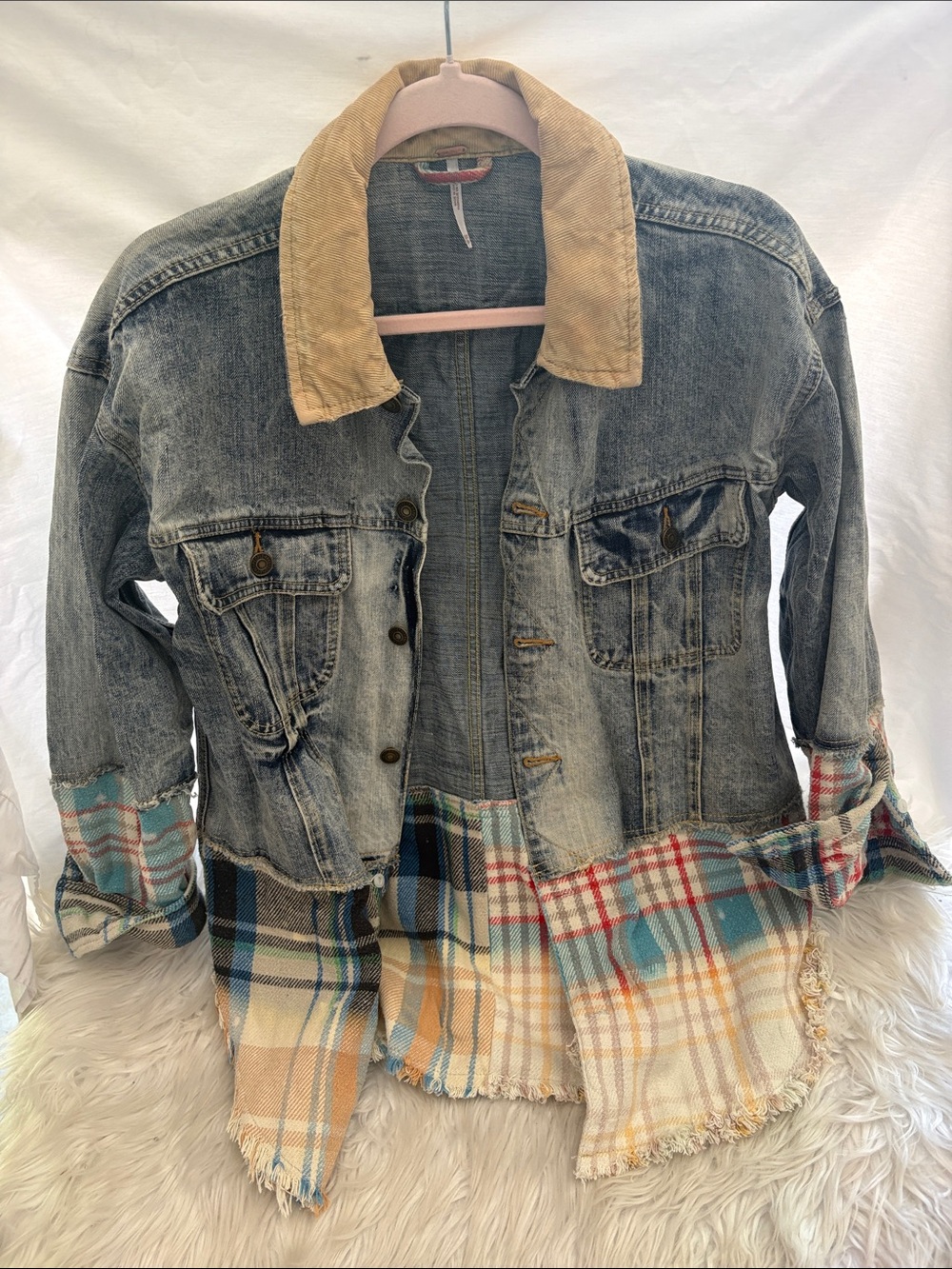 Free People Blue Denim Jacket with Tan Collar and Multicolor Plaid Hem